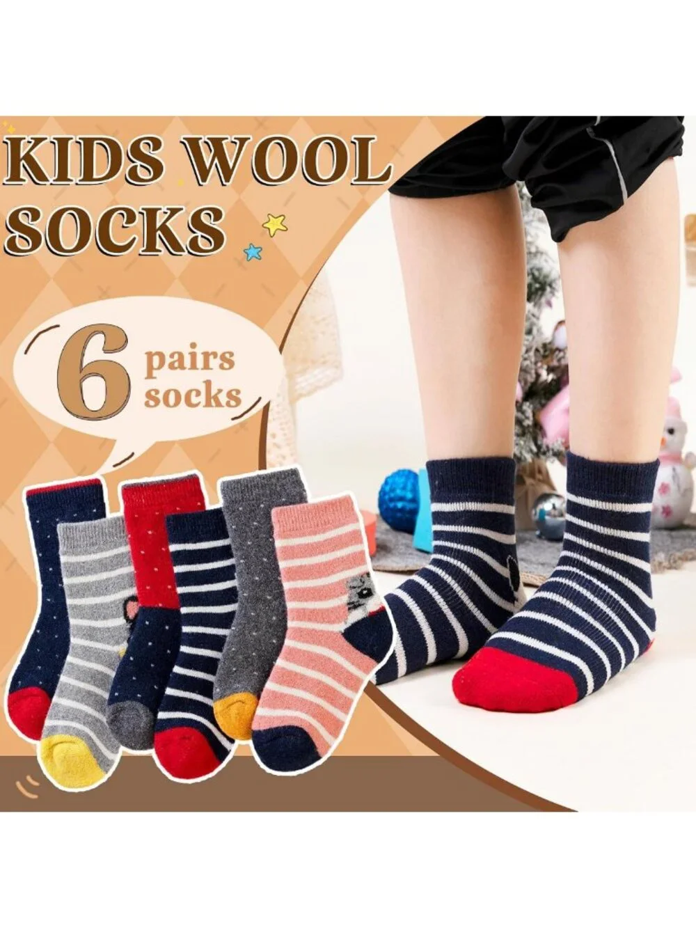 Cozy Merino Wool Kids Socks - Thick Thermal Hiking Crew Socks for Winter, 6